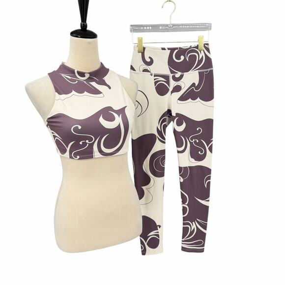 Noli Pants - Noli Sz S Wine Cream Abstract Print Mock Neck Crop Top Yoga Barre Legging Set